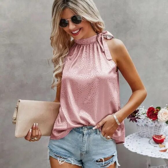 Satin Leopard Print Halter Top, Pink - Picture 3 of 4